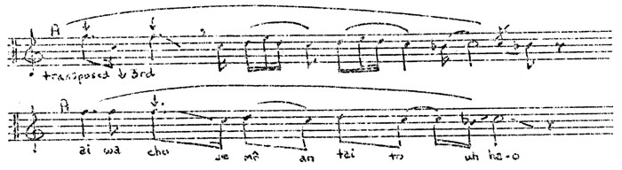 Figure 3. Sioux flageolet melody (9) -top- and Sioux vocal melody (38) -bottom
